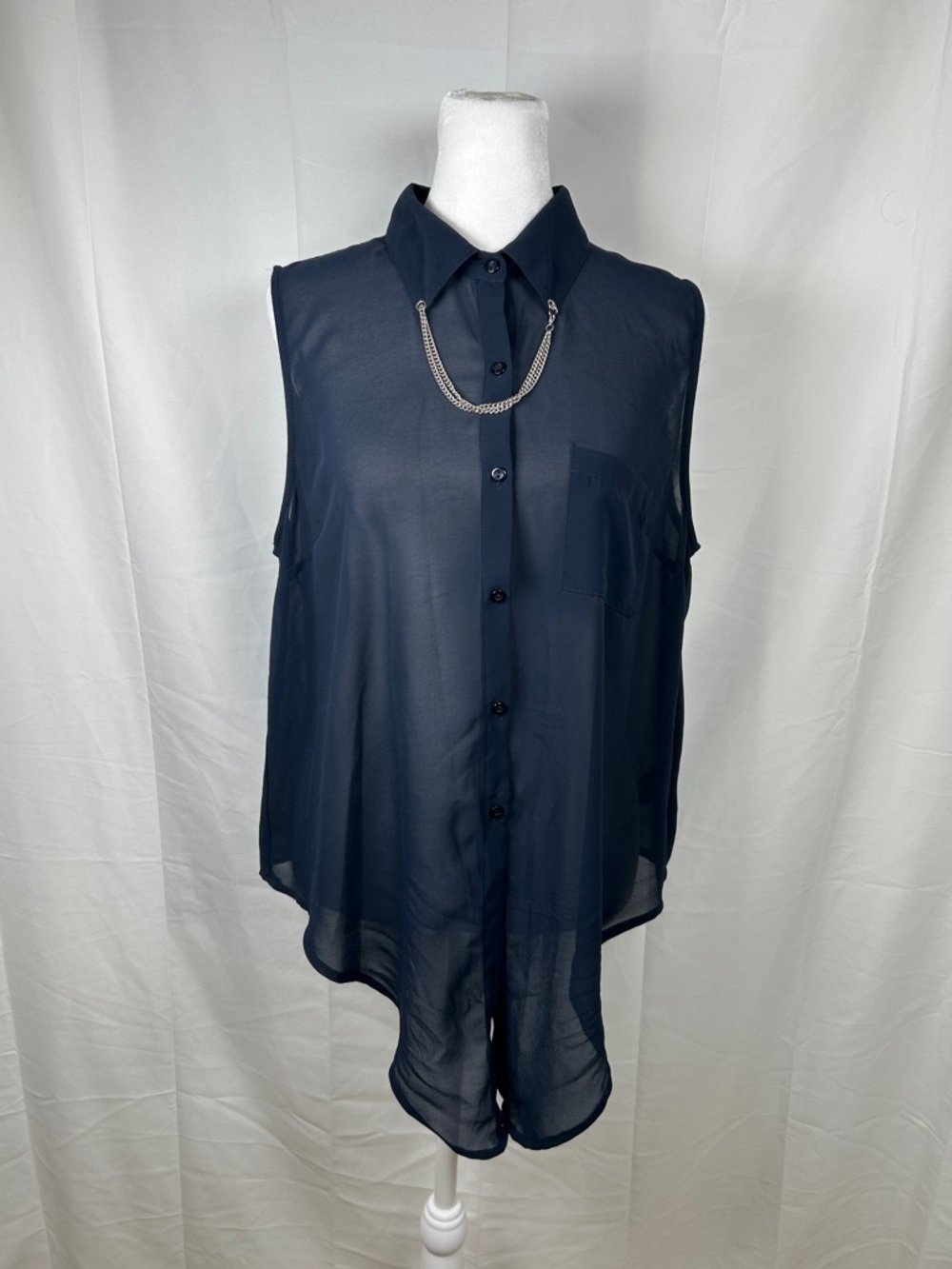 Forever 21 Navy Blue Sleeveless Sheer Blouse Large Chain Button Up